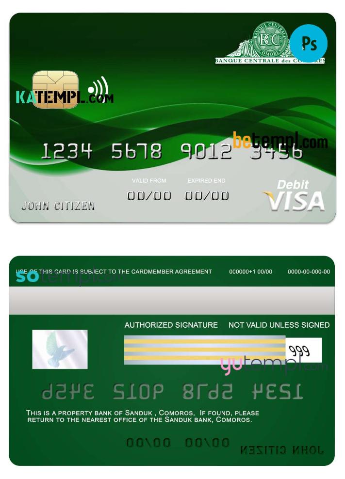 Comoros Sanduk bank visa credit card template in PSD format, fully editable